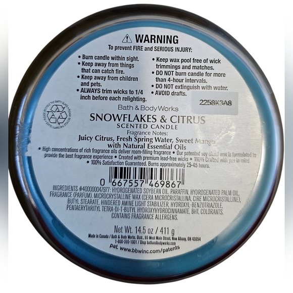 Bath & Body Works Large Snowflakes & Citrus 3 Wick Candle. 14½oz, New! - Picture 4 of 5